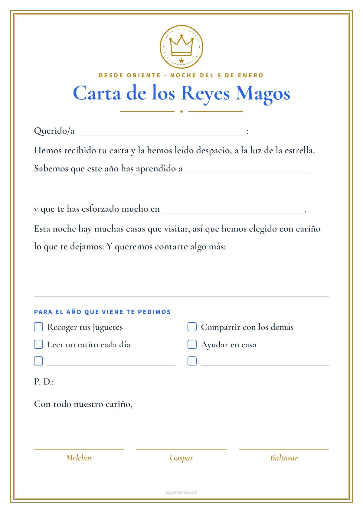 Carta de respuesta de los Reyes Magos al niño para imprimir: sello con corona, «Desde Oriente, noche del 5 de enero», texto con huecos para el nombre, lo que ha aprendido y en qué se ha esforzado, líneas para un mensaje, casillas de propósitos para el año que viene, posdata y firmas de Melchor, Gaspar y Baltasar