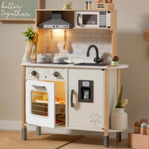Tiny Land Cocina Juguete para niños con 18 Accesorios de Comida y Utensilios de Cocina de Juguete Juego de Juego de Chef de Madera para niños pequeños con Luces y Sonidos Reales
