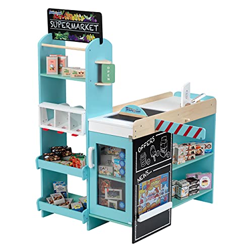 Theo Klein 9391 supermercado de madera con caja registradora, cinta transportadora y 50 accesorios