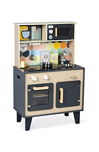 Janod Cocina de Madera para niños, Cocina Equipada con luz y Sonido, Cocina de Madera con 3 Accesorios, 3 Cajas de cartón para Comida, A Partir de 3 años, 86 x 55 x 29.5 cm