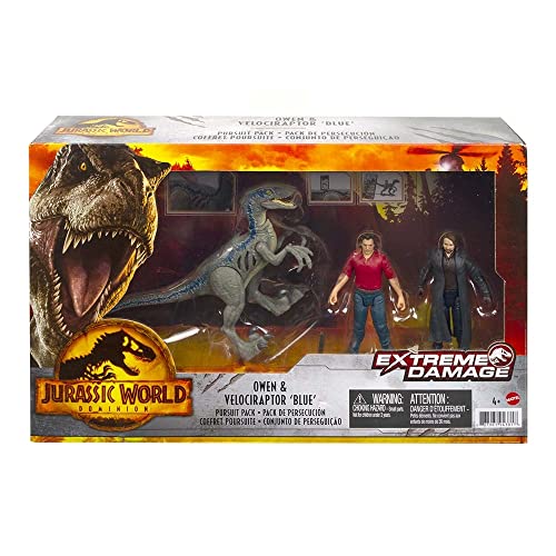 Jurassic World – Estuche de búsqueda de Owen y Vélociraptor Blue, 3 Figuras articuladas, Figuras auténticas coleccionables, Juego físico y Digital, Juguete Infantil, a Partir de 4 años, GWN25