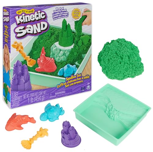 Kinetic Sand - Set Sandbox con Arenero, 454 g de Arena Mágica Verde y 4 Accesorios - Kit Manualidades Niños - Juguetes Niños 3 Años +