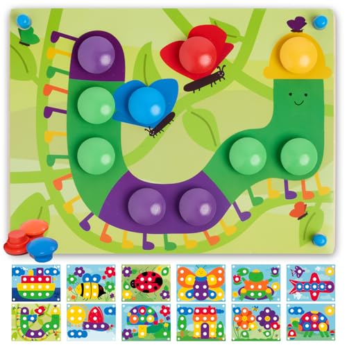 Nene Toys Puzzle de Madera para Niños 2+ Años – Juguete Montessori con Botones de Colores y Tarjetas – Mosaico Educativo Infantil para Motricidad Fina – Regalo Niño Niña 2 3 Años - Juego Didáctico