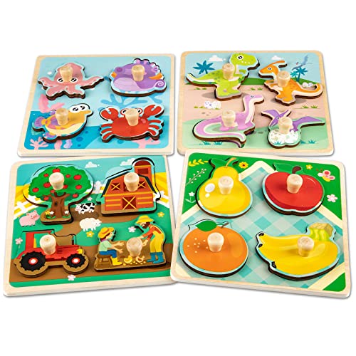 Funsland Puzzle Madera 2 Año, 4Pcs Puzzles Infantiles de Madera con Mango, Juguetes Montessori Bebe Puzzles Animal Frutas Educativos Rompecabezas Juguetes Regalo Navidad para Niños de 2 3 Años