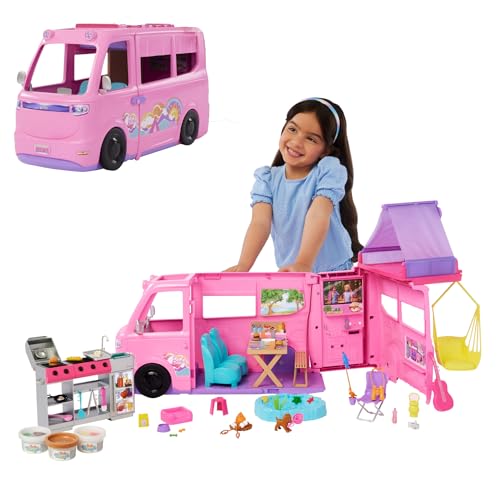Barbie Súper Caravana DreamCamper, set de aventura transformable con accesorios
