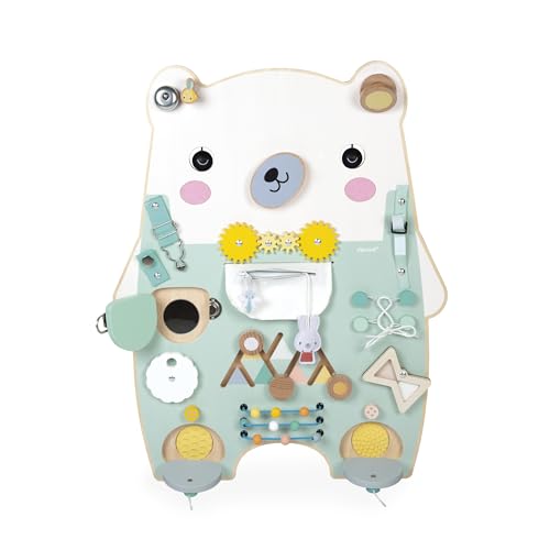 Janod Busy Board Ourson, tablero de actividades de madera con 20 retos