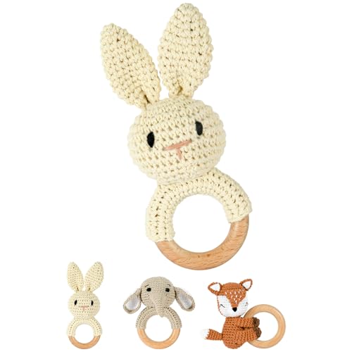 OFFCUP Sonajero para Bebés, Juguete Ganchillo Sonajero de Madera para Bebé Hecho a Mano, Juguetes de Animales Suaves para Bebé para Recién Nacidos Niños y Niñas (Conejo)