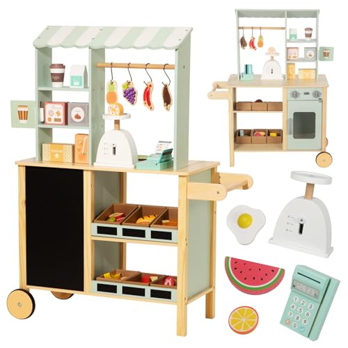 mamabrum Supermercado Juguete Madera y Teatro Marionetas 2 en 1 - Puesto de Mercado Infantil con Toldo, Caja Registradora, Datáfono, Balanza y Alimentos - Regalo Niños 3 Años