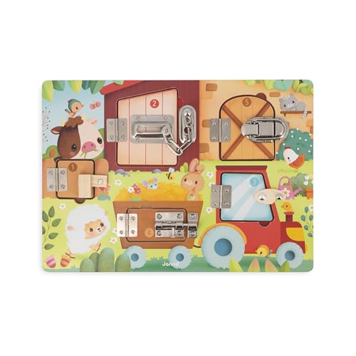Janod Tablero con candado La Granja, panel de cerraduras Montessori para 3 años