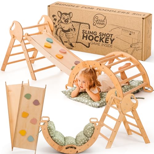 Goodevas Estructura de Escalada 5 en 1 para Niños - Escalera en Triángulo, Arco de Escalada, Balance Board y Cojín, Estructura de Escalada Montessori, Gimnasio de Madera para Niños de 1 a 3 Años